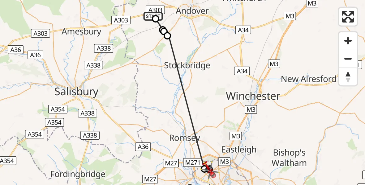 Routekaart van de vlucht: Air Ambulance Helicopter to University Hospital Southampton, Jex Blake Close
