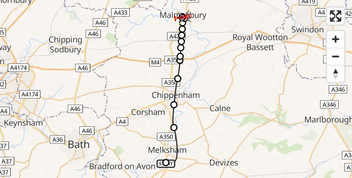 Flight route map: Air Ambulance Helicopter to Malmesbury, King's Wall