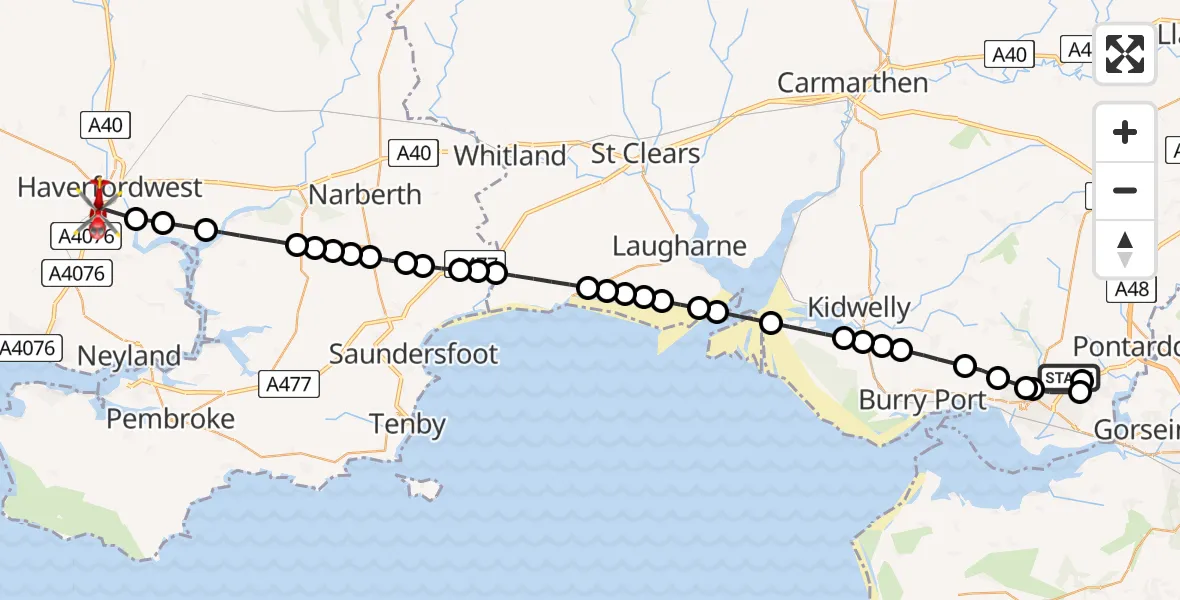 Routekaart van de vlucht: Air Ambulance Helicopter to Merlin's Bridge, Magdalen Street