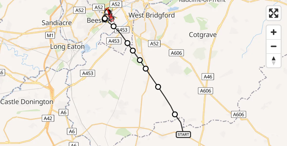 Routekaart van de vlucht: Air Ambulance Helicopter to City of Nottingham, University Boulevard