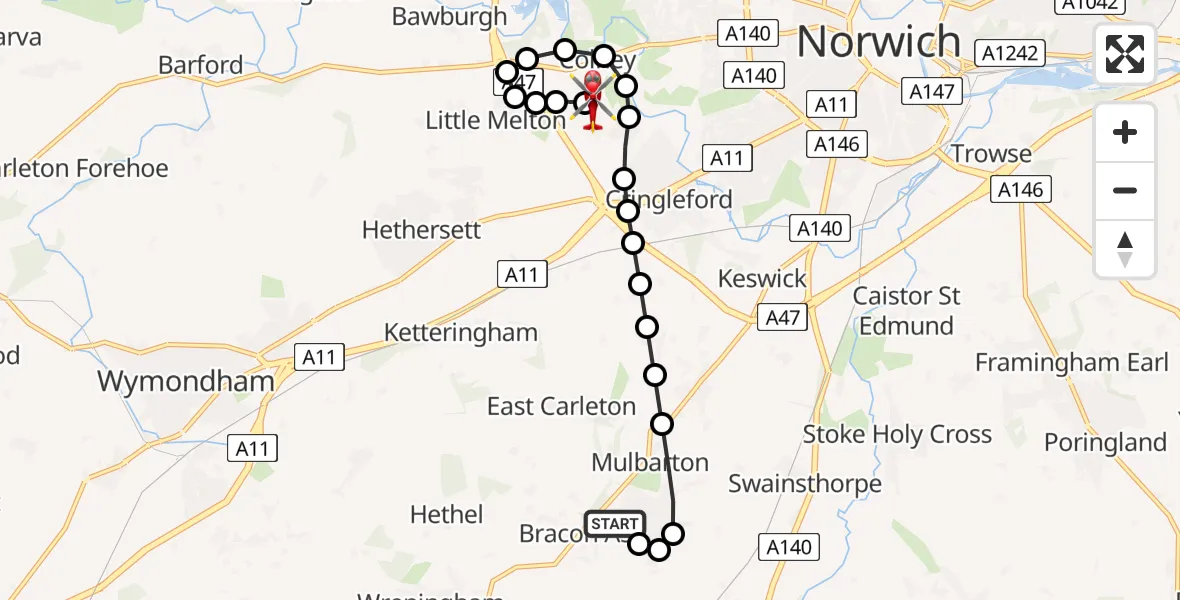 Routekaart van de vlucht: Air Ambulance Helicopter to Norfolk & Norwich Hospital, Norfolk & Norwich Hospital