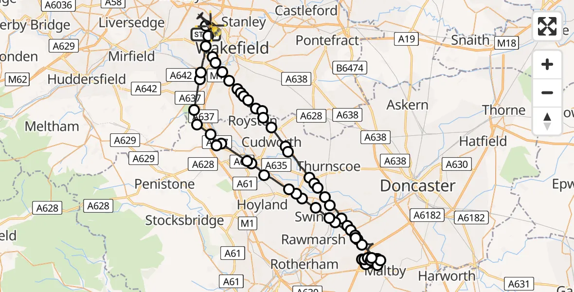 Flight route map: Police Helicopter to East Ardsley, Stoney Lane