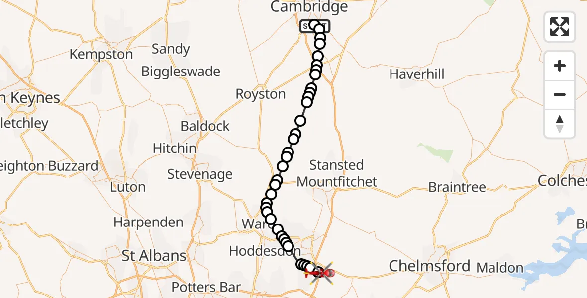 Flight route map: Air Ambulance Helicopter to North Weald Airfield, North Weald Airfield