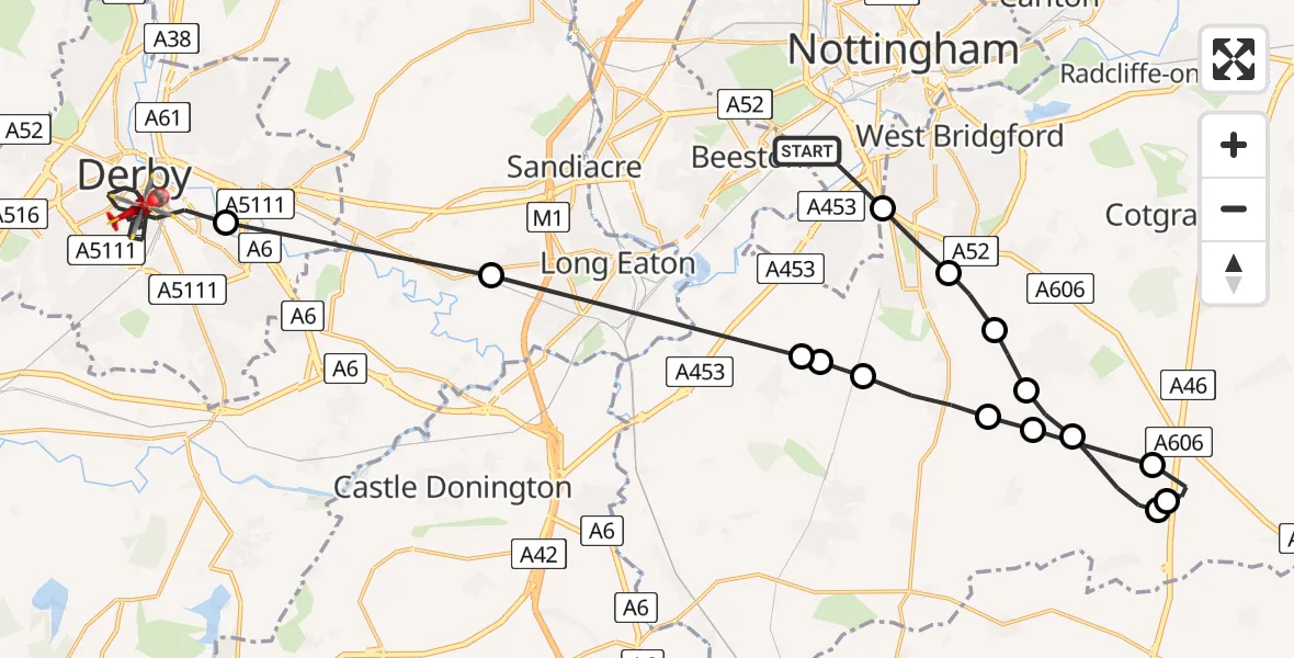 Flight route map: Air Ambulance Helicopter to Derby, Harriet Street