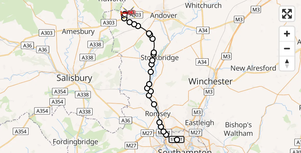 Flight route map: Air Ambulance Helicopter to Kimpton, Circuit Road