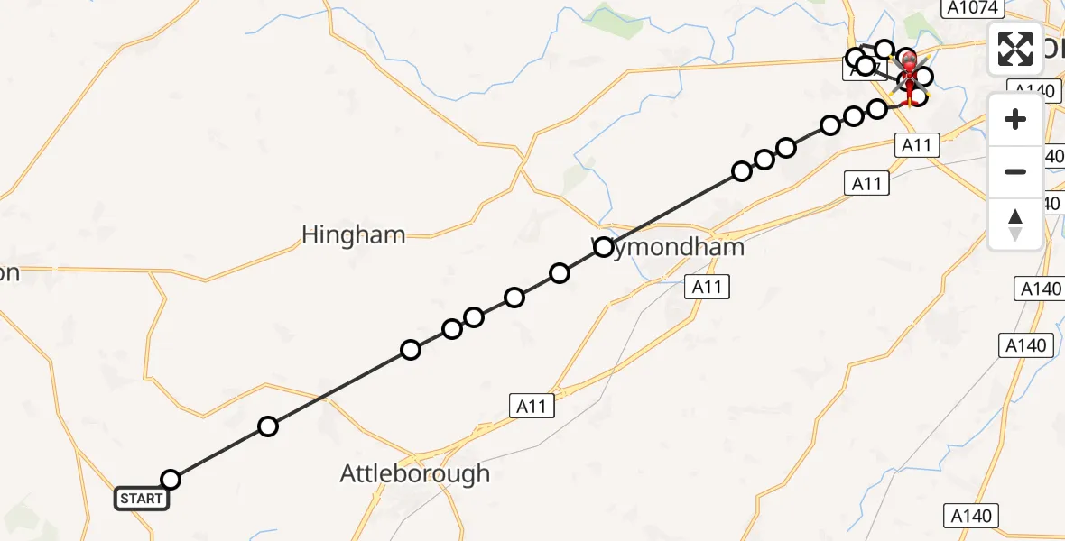 Flight route map: Air Ambulance Helicopter to Norfolk & Norwich Hospital, Norfolk & Norwich Hospital