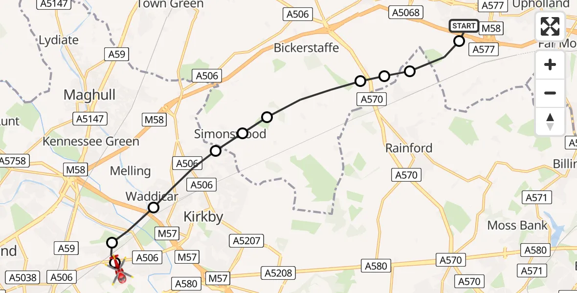 Routekaart van de vlucht: Air Ambulance Helicopter to Aintree University Hospital Heliport, Aintree University Hospital Heliport