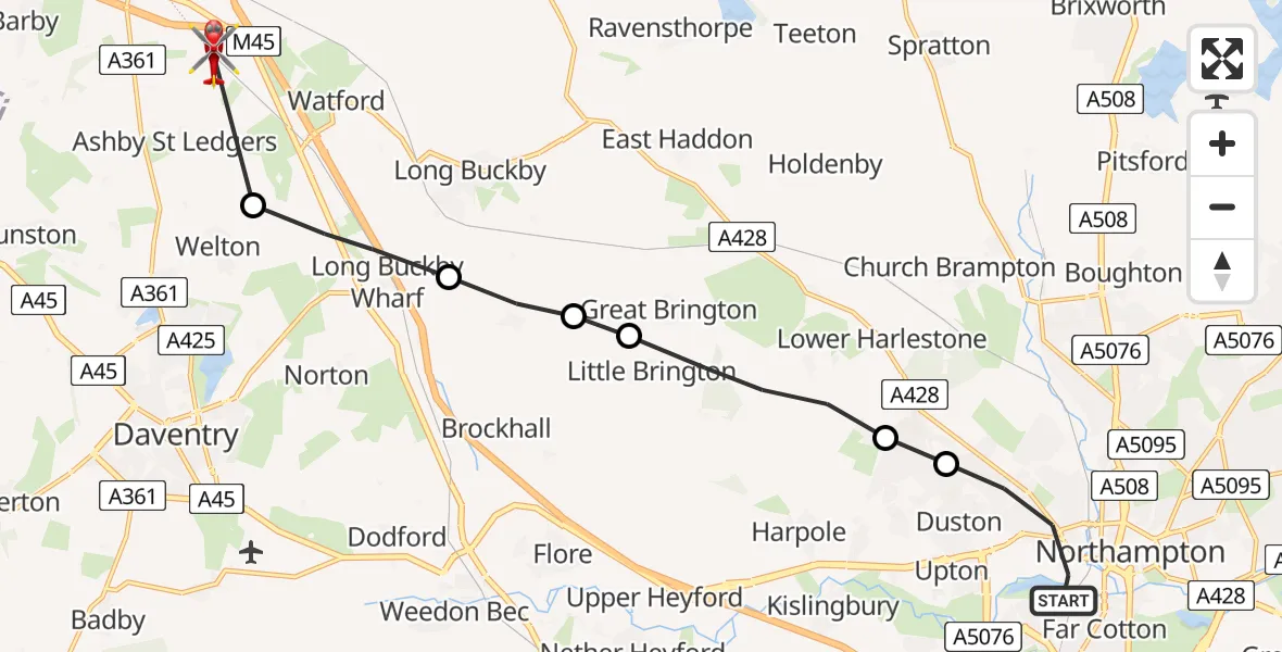 Routekaart van de vlucht: Air Ambulance Helicopter to Ashby St Ledgers, Ashby St Ledgers