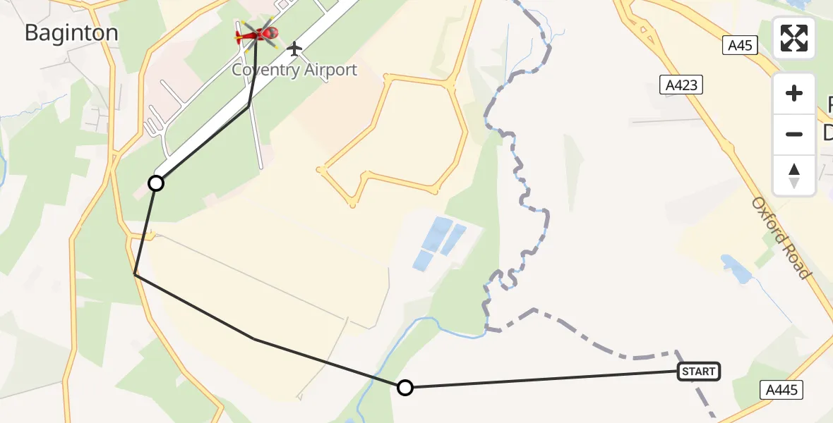 Flight route map: Air Ambulance Helicopter to Coventry Airport, Coventry Airport