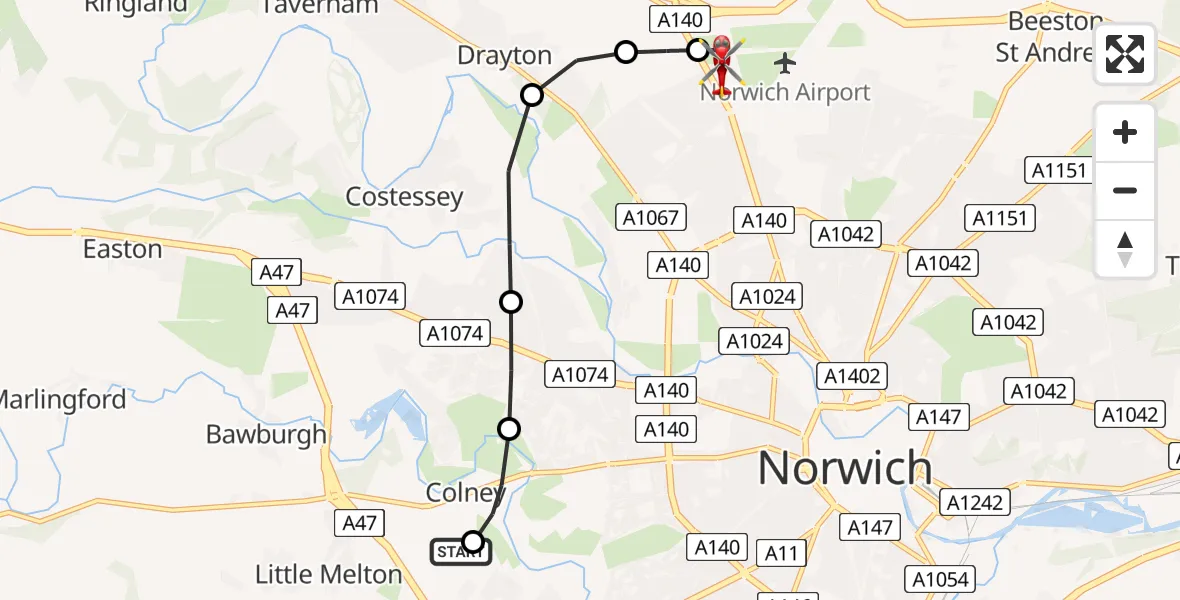 Flight route map: Air Ambulance Helicopter to Norwich Airport, Norwich Airport