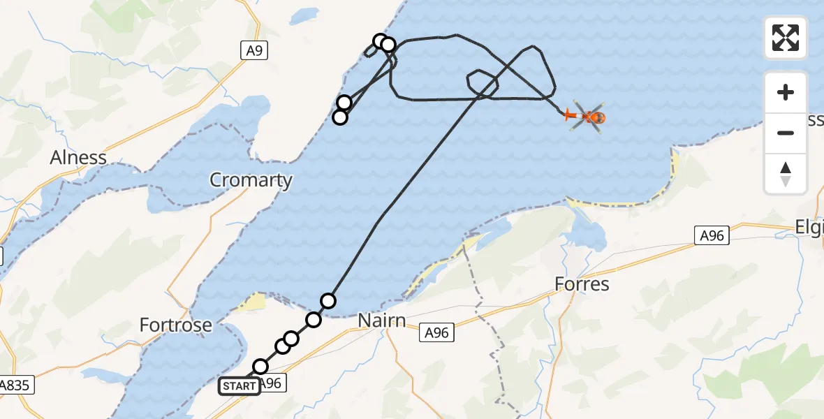 Flight route map: Coastguard Helicopter to North Sea, North Sea