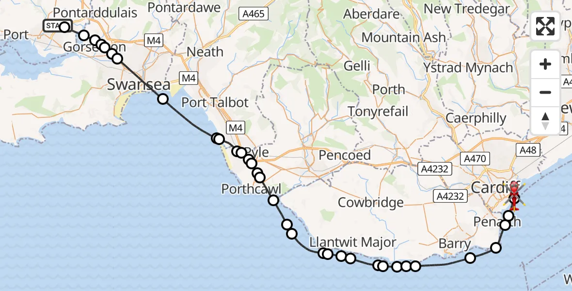 Flight route map: Air Ambulance Helicopter to Cardiff Heliport, Cardiff Heliport