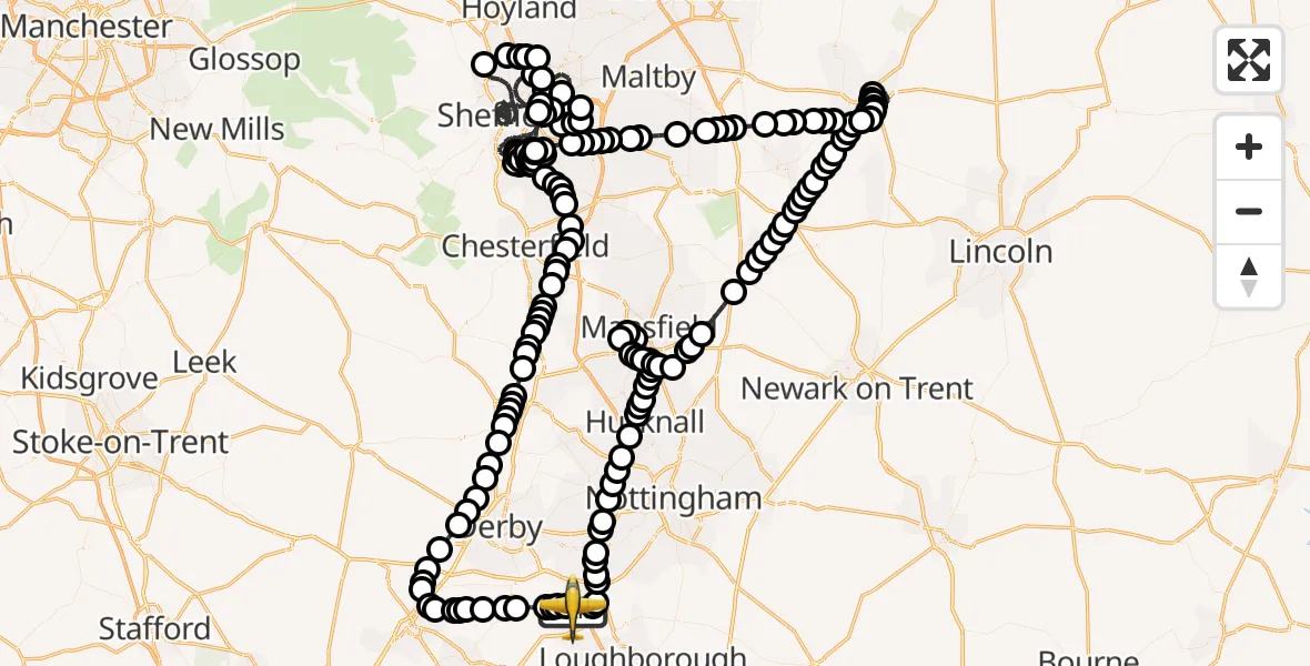 Flight route map: Police Aircraft to East Midlands Airport, East Midlands Airport
