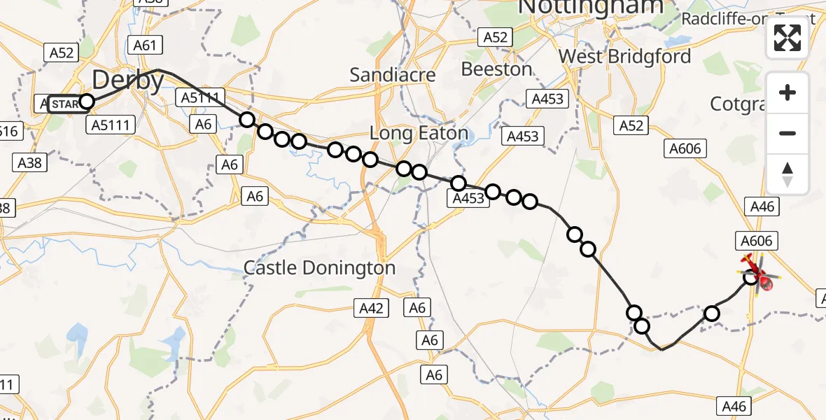 Routekaart van de vlucht: Air Ambulance Helicopter to Nottingham Heliport, Nottingham Heliport