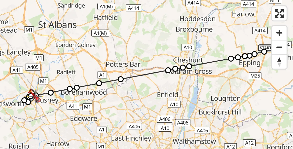 Flight route map: Air Ambulance Helicopter to Watford, Watford Field Road