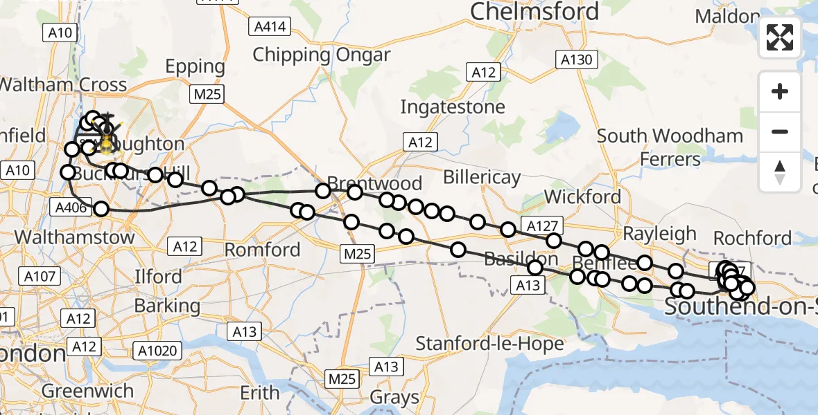 Flight route map: Police Helicopter to Sewardstonebury, Bury Road