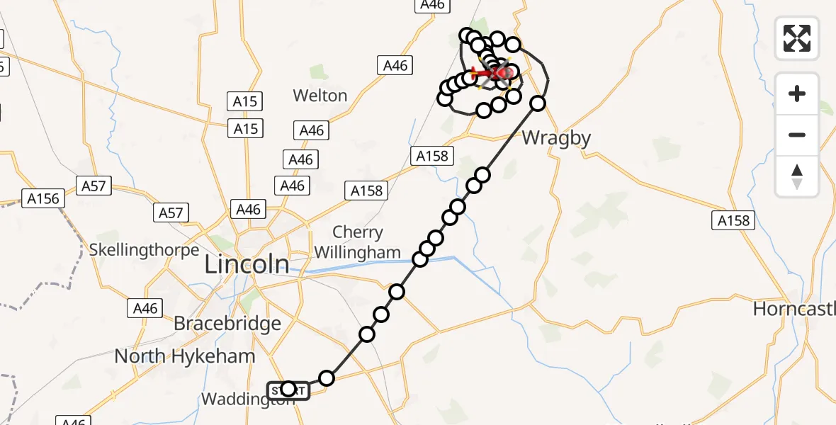 Routekaart van de vlucht: Air Ambulance Helicopter to Wickenby CP, Watery Lane