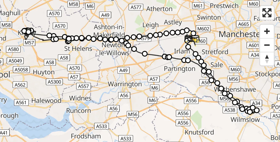Flight route map: Police Helicopter to Manchester Barton Aerodrome, Manchester Barton Aerodrome