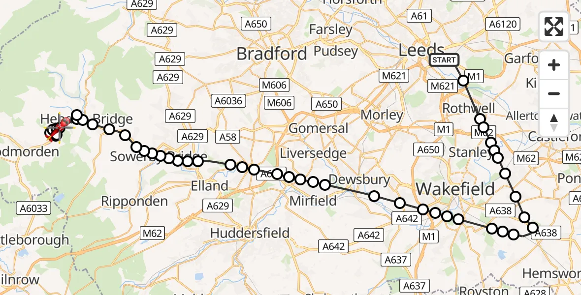 Flight route map: Air Ambulance Helicopter to Mytholm, Halifax Road
