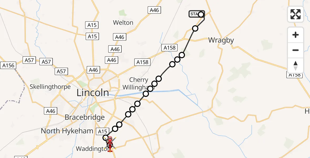 Routekaart van de vlucht: Air Ambulance Helicopter to North Kesteven, Sleaford Road
