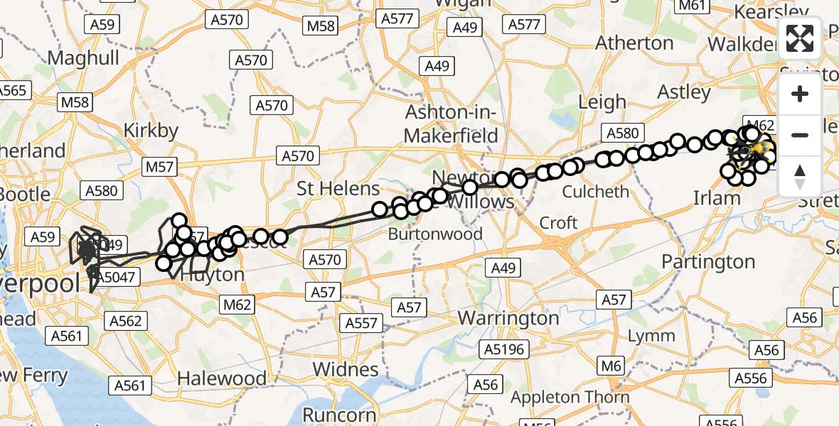 Flight route map: Police Helicopter to Worsley, Twelve Yards Road