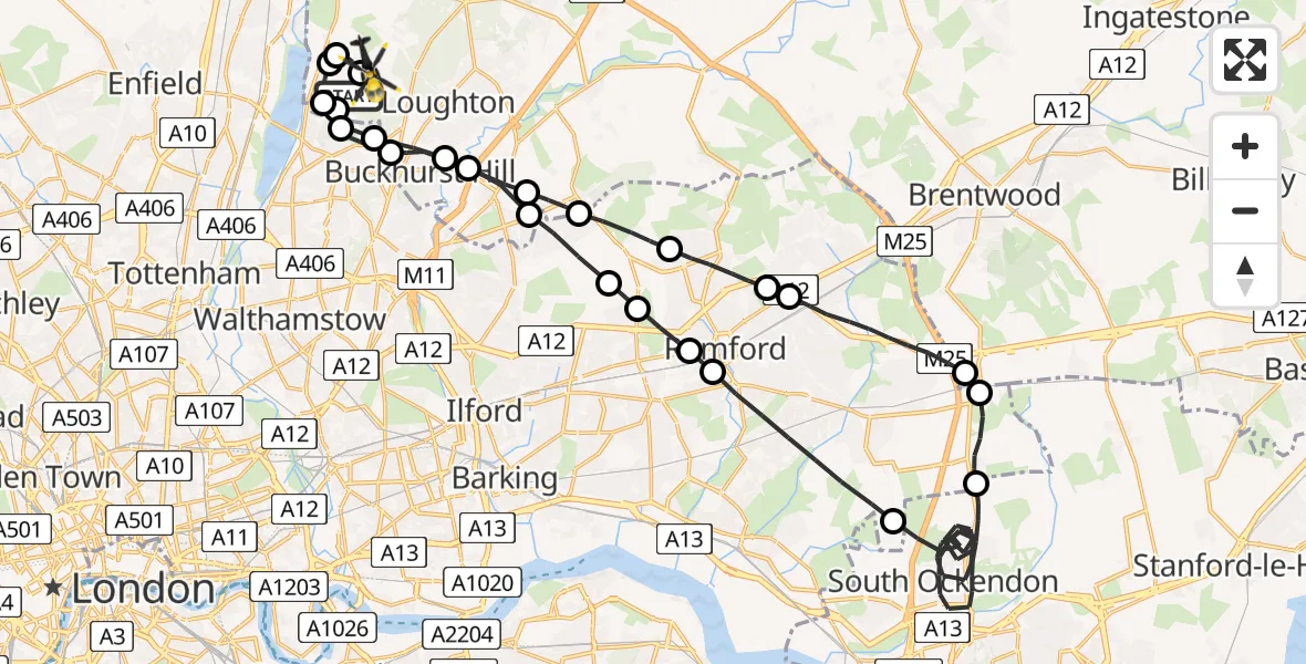 Flight route map: Police Helicopter to Sewardstonebury, Lippitts Hill