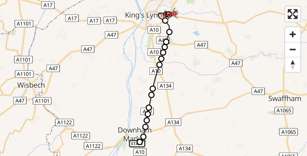 Routekaart van de vlucht: Air Ambulance Helicopter to King's Lynn and West Norfolk, Lynn Road