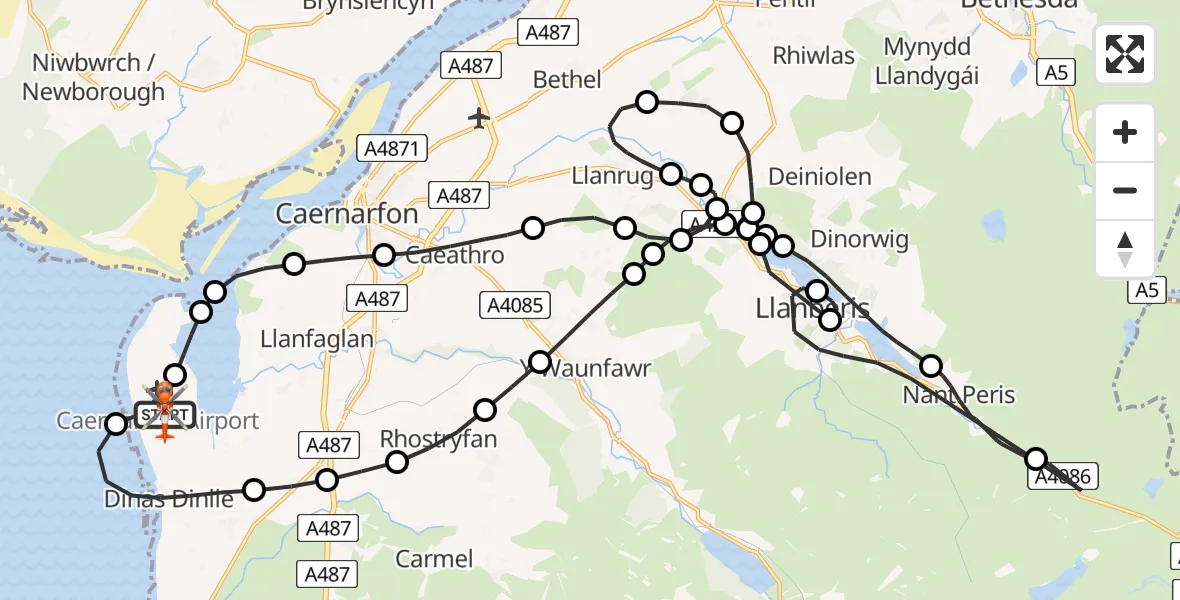Flight route map: Coastguard Helicopter to Caernarfon Airport, Caernarfon Airport