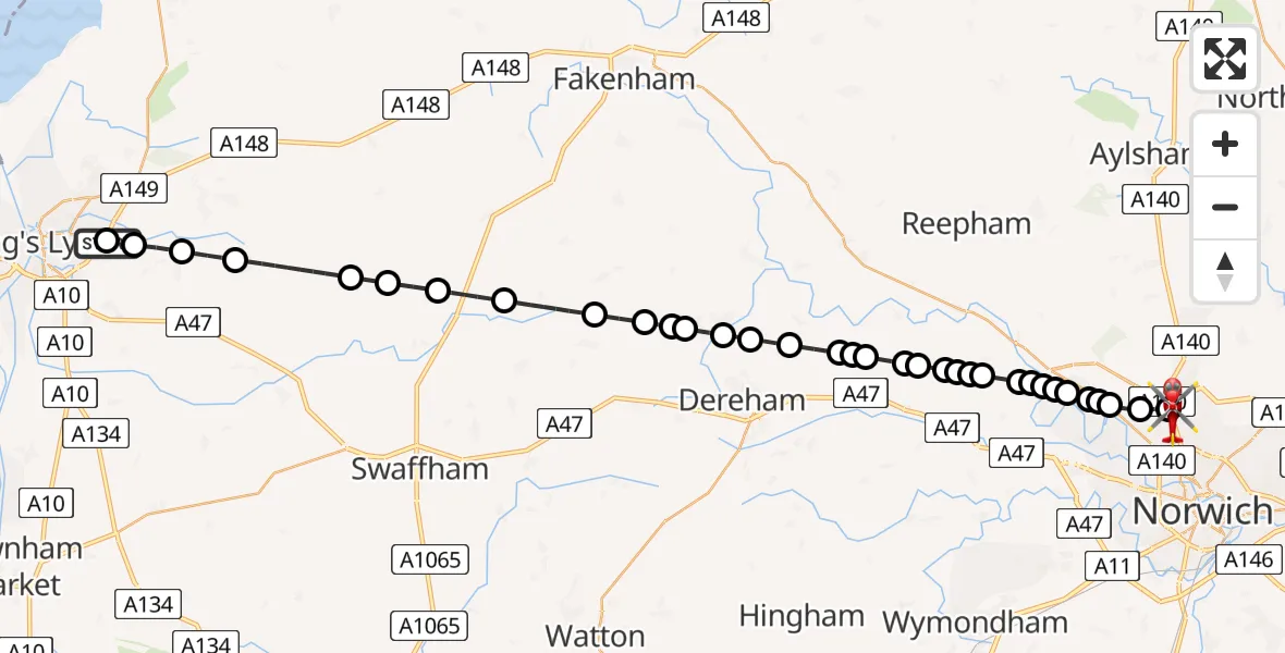 Flight route map: Air Ambulance Helicopter to Norwich Airport, Norwich Airport