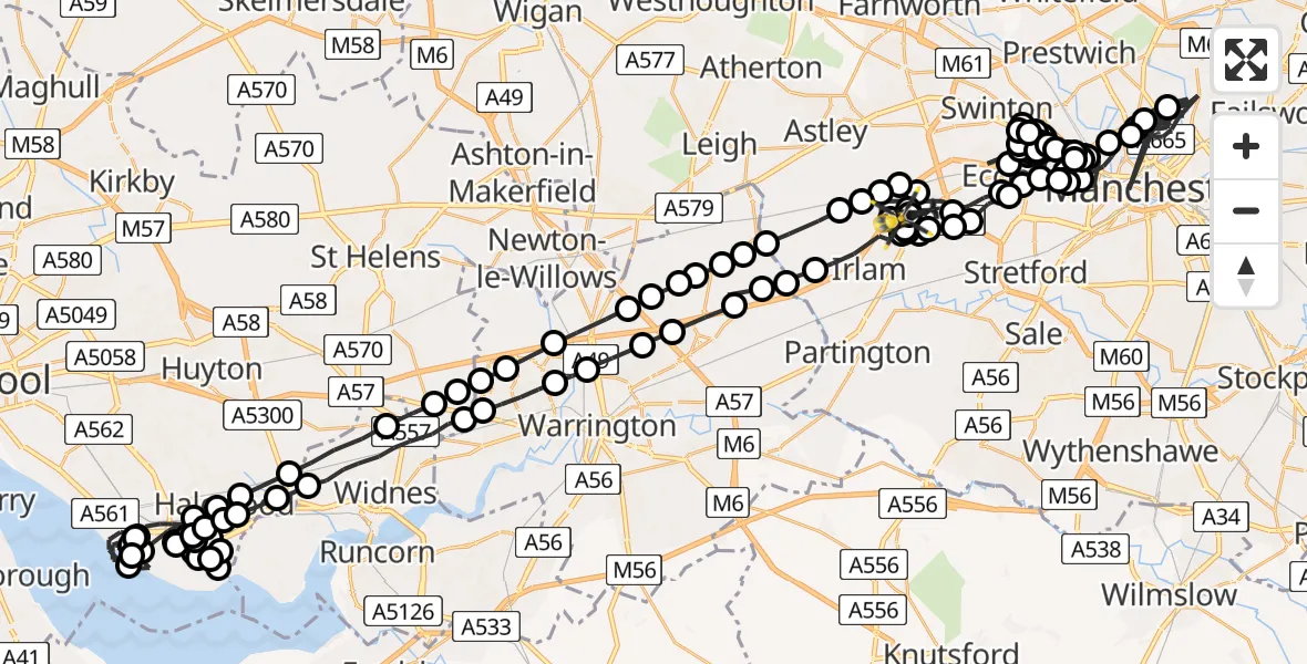 Flight route map: Police Helicopter to Irlam, Barton Moss Road
