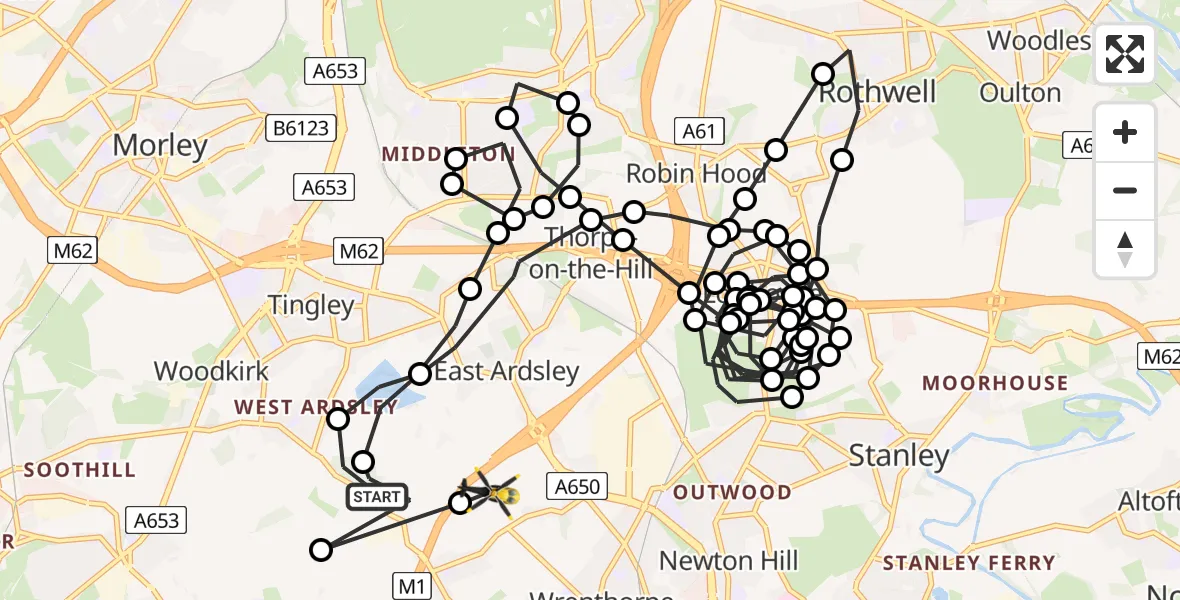Flight route map: Police Helicopter to East Ardsley, Stoney Lane