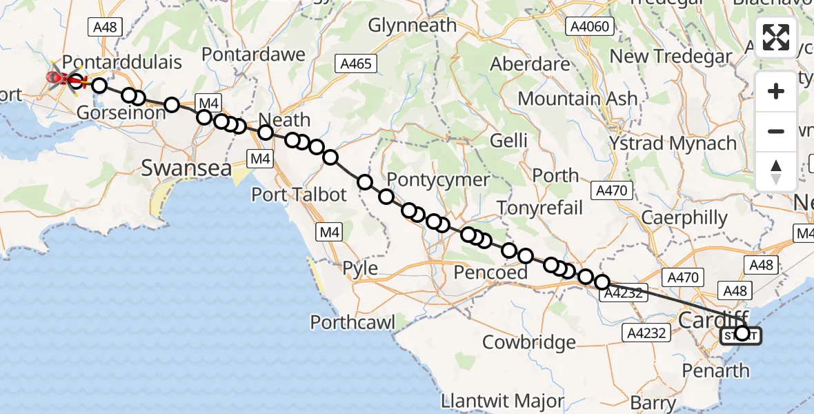 Flight route map: Air Ambulance Helicopter to Dafen, Heol Aur