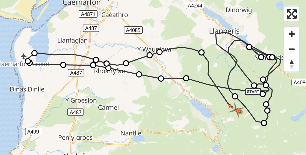 Flight route map: Coastguard Helicopter to Llanberis, Snowdon Ranger Path