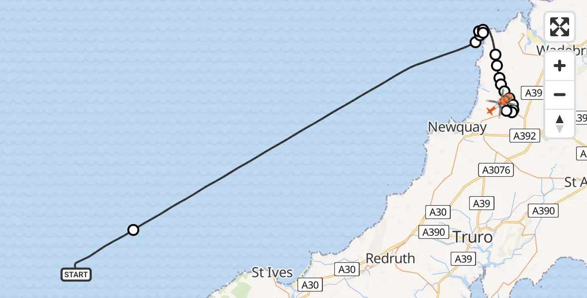 Flight route map: Coastguard Helicopter to Cornwall Airport Newquay, Cornwall Airport Newquay
