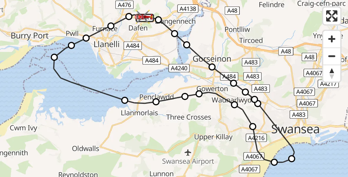 Flight route map: Air Ambulance Helicopter to Dafen, Heol Aur