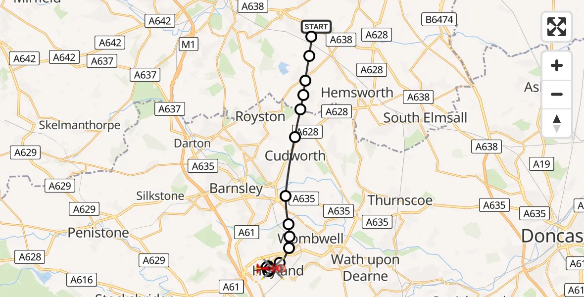 Flight route map: Air Ambulance Helicopter to Hoyland, Longfields Crescent