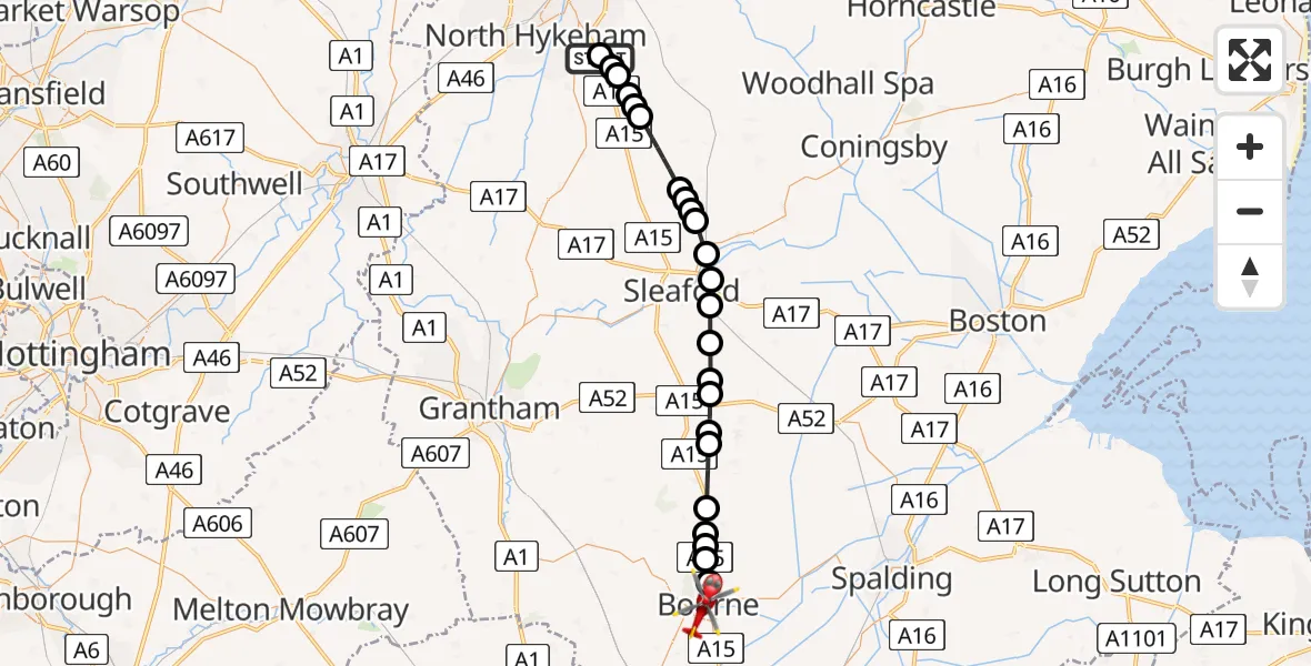 Flight route map: Air Ambulance Helicopter to Bourne, Manor Lane