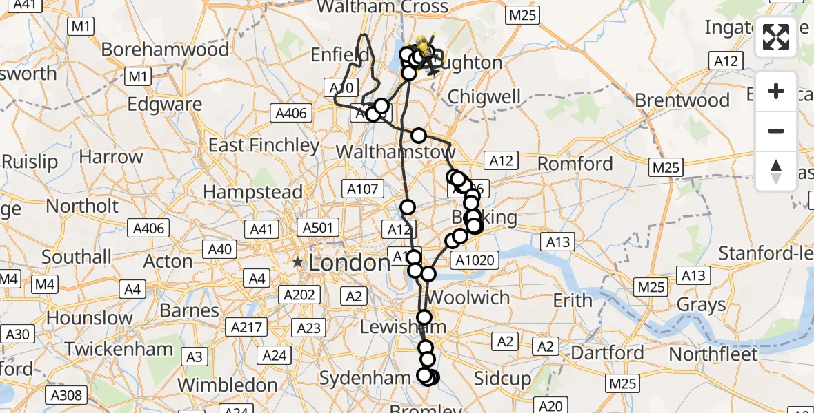 Flight route map: Police Helicopter to Sewardstonebury, Bury Road