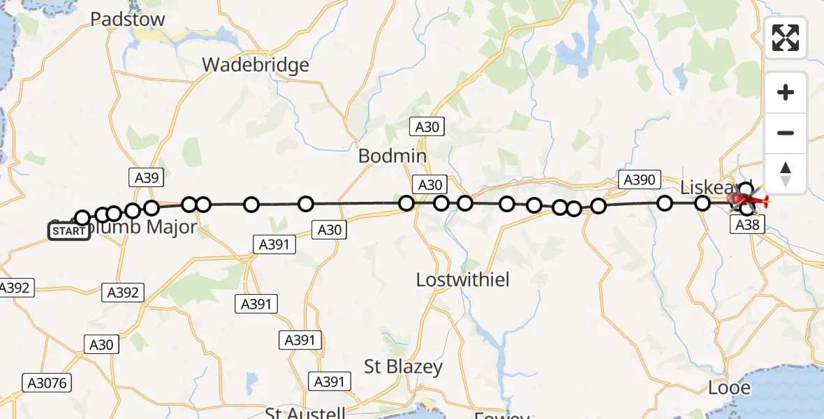 Flight route map: Air Ambulance Helicopter to Menheniot, Menheniot