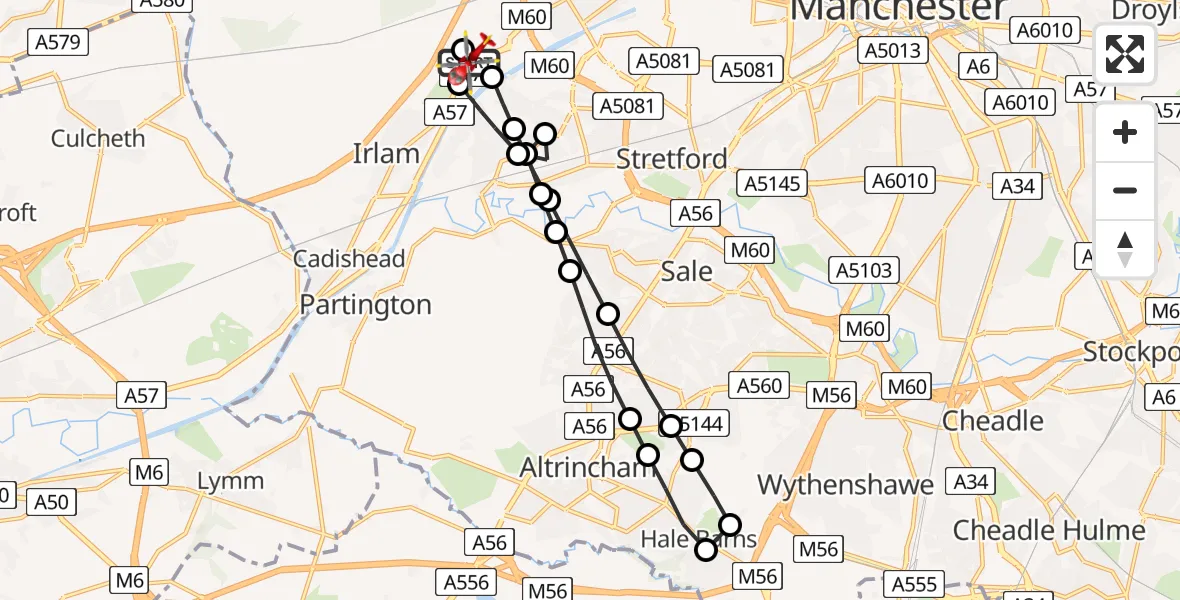 Flight route map: Air Ambulance Helicopter to Manchester Barton Aerodrome, Manchester Barton Aerodrome