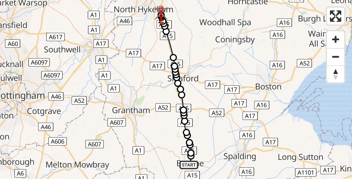 Routekaart van de vlucht: Air Ambulance Helicopter to North Kesteven, Sleaford Road