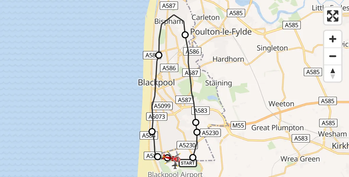 Flight route map: Air Ambulance Helicopter to Blackpool Airport, Blackpool Airport