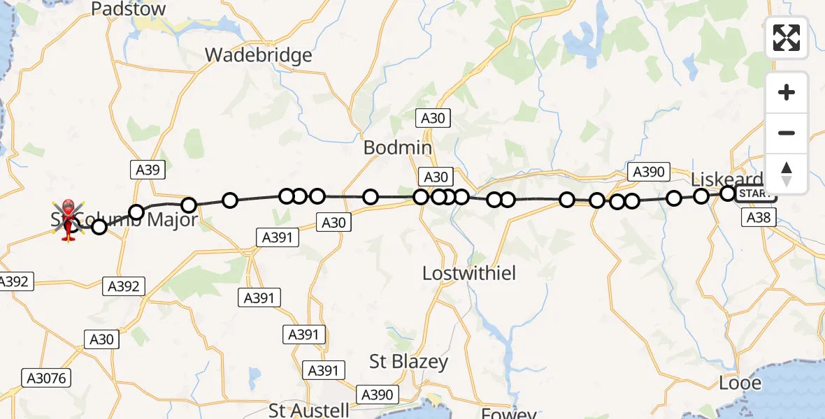 Routekaart van de vlucht: Air Ambulance Helicopter to Cornwall Airport Newquay, Cornwall Airport Newquay