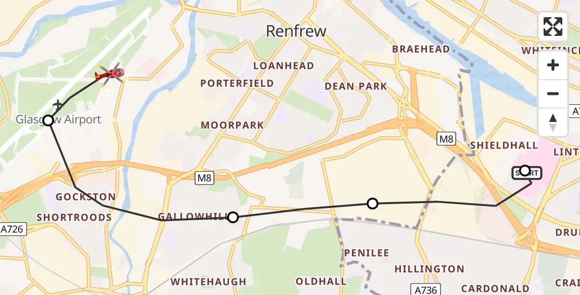 Routekaart van de vlucht: Air Ambulance Helicopter to Glasgow Airport, Glasgow Airport