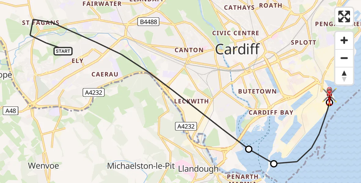 Routekaart van de vlucht: Air Ambulance Helicopter to Cardiff Heliport, Cardiff Heliport