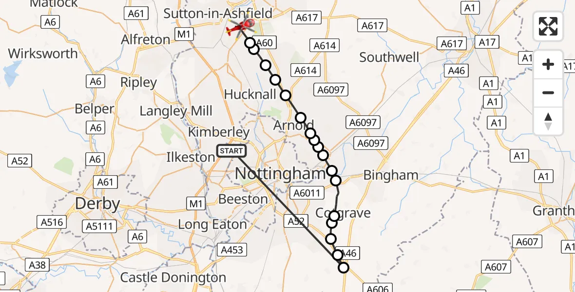 Routekaart van de vlucht: Air Ambulance Helicopter to Kirkby-in-Ashfield, B6139