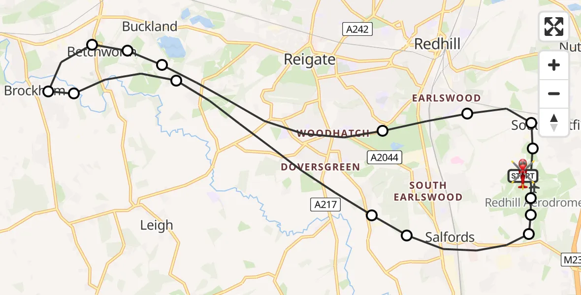 Flight route map: Air Ambulance Helicopter to Redhill Aerodrome, Redhill Aerodrome