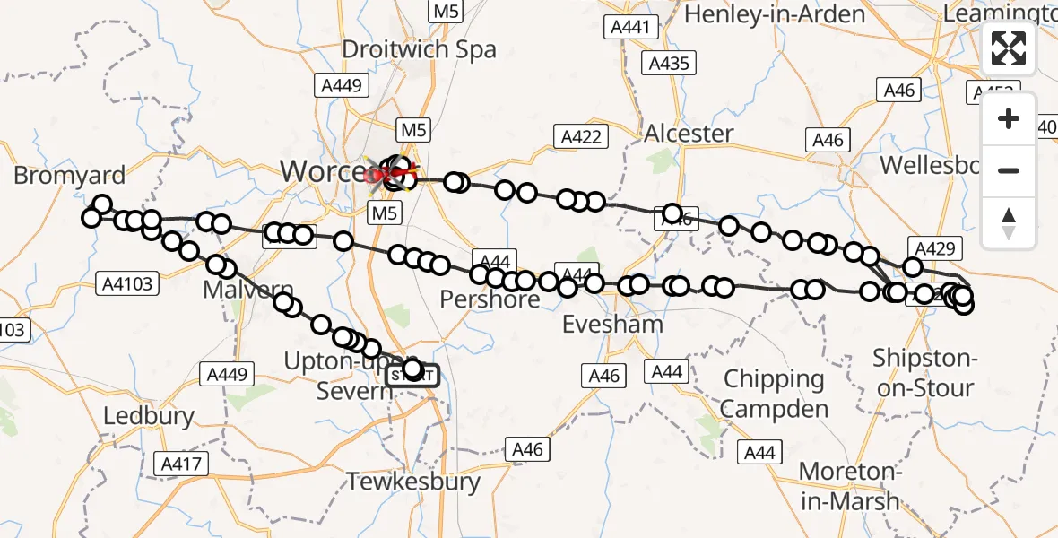 Flight route map: Air Ambulance Helicopter to Worcester, The Heights