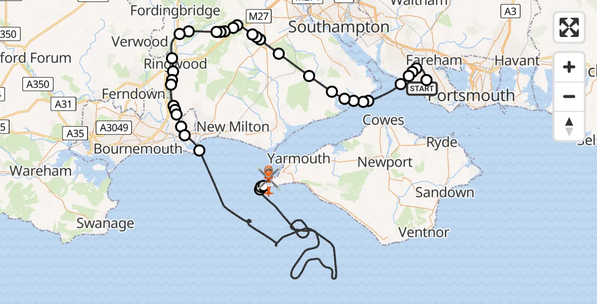 Flight route map: Coastguard Helicopter to Totland, Alum Bay New Road