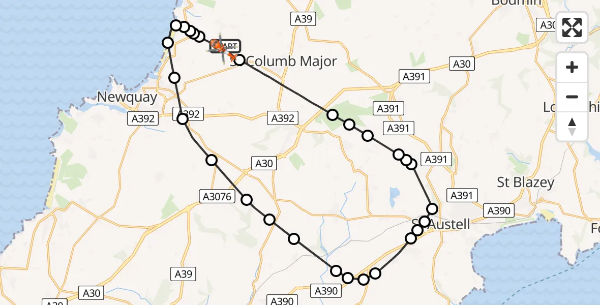 Flight route map: Coastguard Helicopter to Cornwall Airport Newquay, Cornwall Airport Newquay
